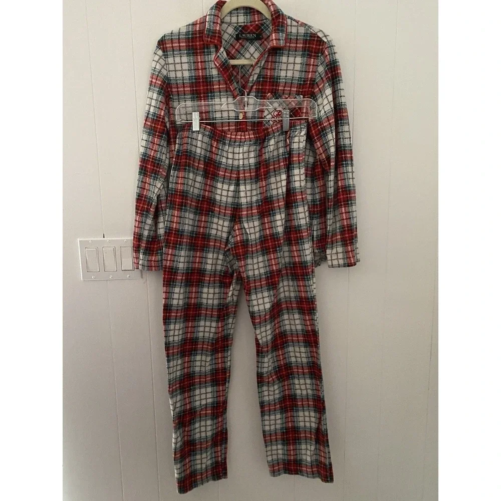 Lauren Ralph Lauren Plaid Fleece Pajama‎ Set Women's XS Red/Blue/White Cozy